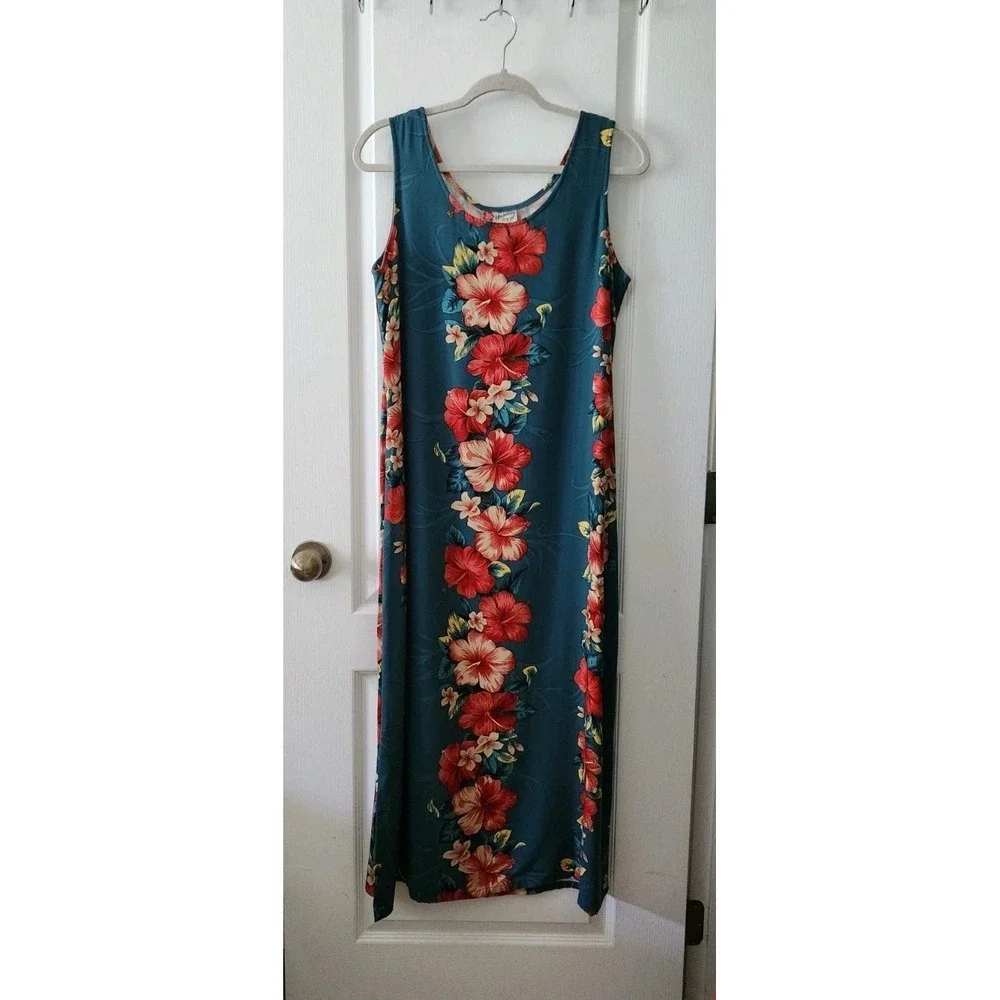 Hilo Hattie Women's Dress Green Floral Maxi Hawaiian Tropical Rayon‎ Size M